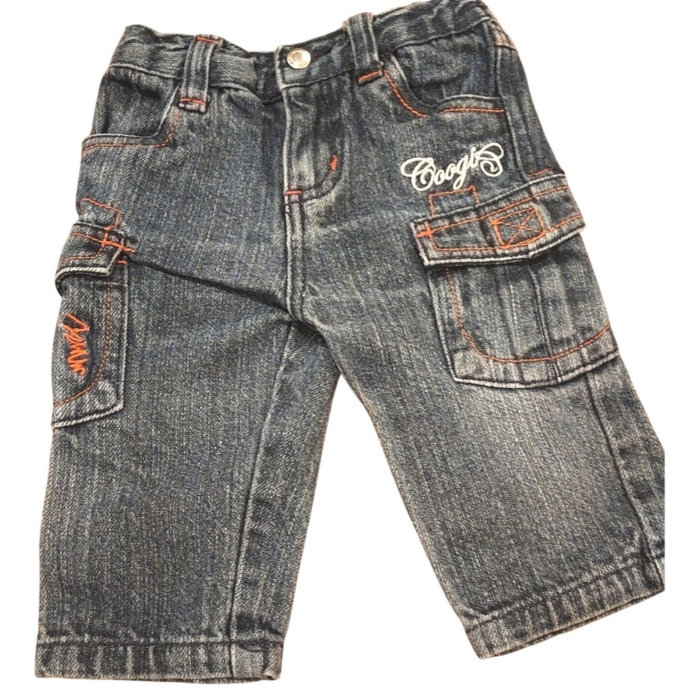 Coogi Cargo Jeans Kids 3-6M Blue Denim Embroidered Logo Orange Stitching Hip Hop